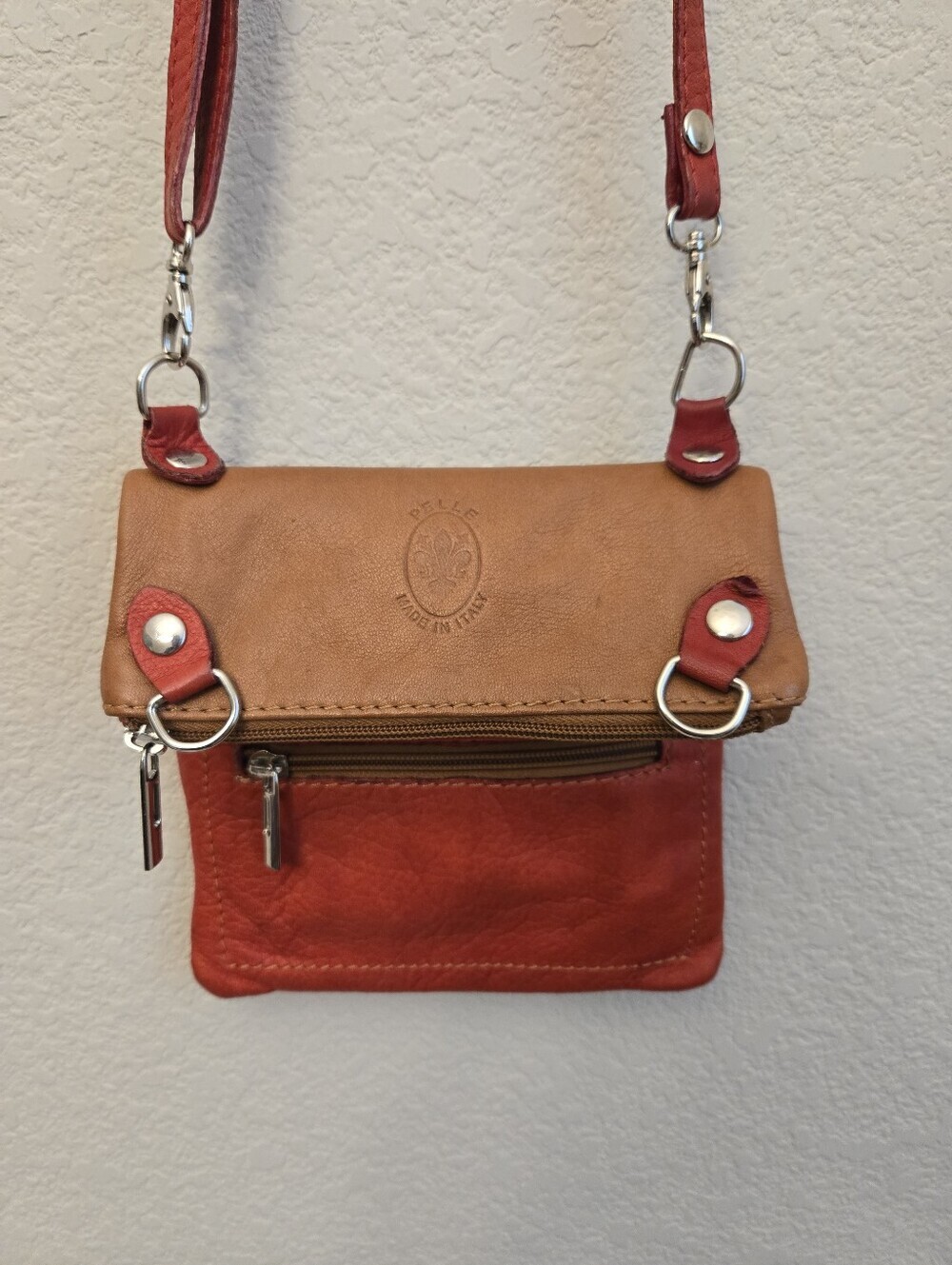 Pelle Sling Bag Tan & Red Cross Body Fold Over Or Bigger Change Out Strap Hook